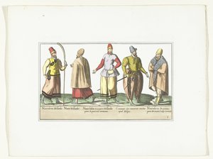 Fem sjömän klädda i mode från Nederländerna och Bretagne, ca 1580 Kostymer marins (titel på objekt) av Anonymous