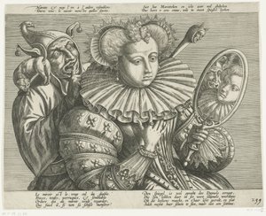 Kvinna med spegel och gycklare: tecknad film på den dyrbara styva ruffen, ca 1600 av Anonymous