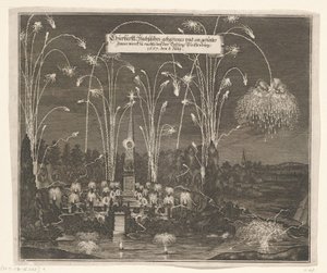 Fyrverkerier i Pleißenburg den 8 juli 1667 Churfürstl: Sachsisches gehaltenes und an gezentes Fewer werck zu nachts beij fästningen Pleissenburg, 1667, den 8 juli (titel på objektet) av Anonymous