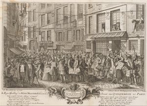 Vindhandel i Rue Quinquempoix, 1720 De Regte Bild av vindförhandlingen som hålls i Quinquempoixsundet till Parys (titel på objektet) The Great Scene of Folly (serietitel) av Anonymous