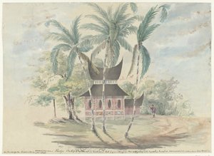 Radja Batipos hus, revs och brändes till hans straff och tuktan som chef och ledare för revolten i Padangsches högland år 1841 (titel på objekt) av Anonymous