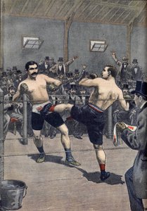 Ett boxningsanfall: franske mästaren Joseph Charlemonts (1839-1918) seger mot Jerry Driscoll med tekniken "savate""" i Le Petit Journal 1899