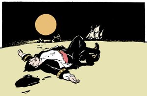 En kapten dödad av pirater blir övergiven på en ö, piratskeppet flyttar iväg vid horisonten Illustration från "The Boys Books of Pirates"" 1913 av Anonymous Anonymous