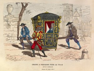 En stol med bärare för staden under kung Ludvig XIV på 1600-talet - Sedanstol för användning i staden, kung Ludvig XIV av Frankrike 1600-talet - privat samling av Anonymous Anonymous