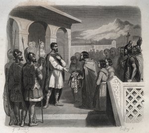 En deputation av staden Clermont erbjuder biskopsämbetet till Saint Sidoine Apollinar (Caius Sollius Apollinaris Sidonius) politiker, eveque och gallo-romersk författare (430-486). Gravyr från 1846 i "" Lives of the saints"". Privat samling. av Anonymous Anonymous