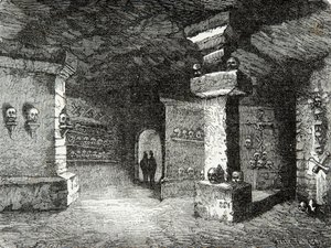 Ett galleri med katakomber i Paris på 1800-talet, Gravyr, Privat samling av Anonymous Anonymous