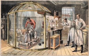 En man i en klocka: erfarenhet av förbrukningen av mänsklig energi utförd av engelska vetenskapsmän. Gravyr från tidningen "" Le Peute Parisien"", den 24/05/1908. Privat samling. av Anonymous Anonymous