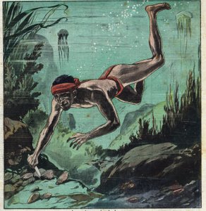 En pärlforskare som riskerar sitt liv i Ceylons och Polynesiens tropiska hav för att förse eleganta med halsband och smycken. Illustration hämtad från "" Le Petite Journal"" 1923-11-03 Privat samling. av Anonymous Anonymous