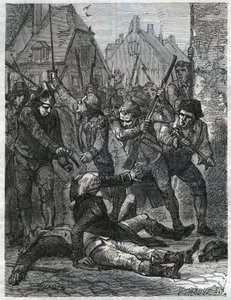 En scen under perioden av den franska revolutionen: Theobald de Dillon (1745-1792) och en andeofficer vid namn Berthois, massakrerades av soldaterna och folket i Lille, som anklagade dem för förräderi. Gravyr från 1866 i ”Histoire de la Revolution fr av Anonymous Anonymous