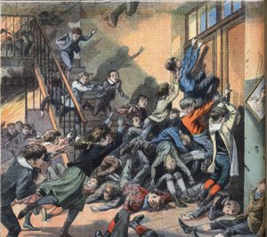 En skola brann i Cleveland (USA). Gravyr från tidningen "" Le Petite Parisien"", 1908-03-22. Privat samling. av Anonymous Anonymous