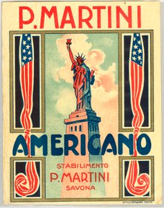 Annons för italiensk short drink Americano, med amerikansk flagga och frihetsgudinnan av Anonymous Anonymous