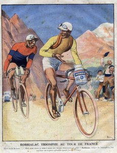 Reklam för målningen Robbialac: "" Robbialac triumf i Tour de France"". En cyklist säljer fördelarna med Robbialac-färg till sin cykel. Gravyr. En av "The Little Journal Illustrates" av Anonymous Anonymous