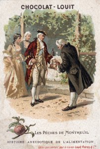 Matens anekdotisk historia: Montreuils fiske. De som representeras här är i själva verket Espalier-fisket i Bagnolet. Kungen av Frankrike Ludvig XV kommer med sitt hov för att äta persikorna som odlats av Monsieur Edmee de Girardot. Choklad-Louit chromol av Anonymous Anonymous