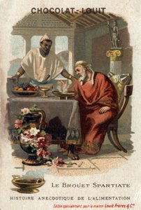 Matens anekdotisk historia: den spartanska kärran. Denys den äldre (431-367 f.Kr.), tyrann av Syrakusa, avskydde kärran när han smakade på den. Kocken svarade att han inte fick vara hungrig nog för att uppskatta det. Choklad-Louit kromolitografi, sent 1800 av Anonymous Anonymous