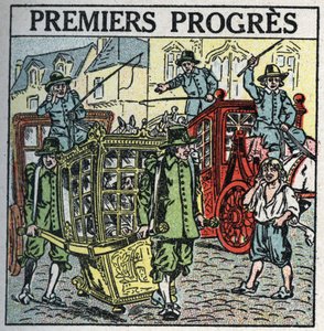 Djurdragkraft: en bärstol som stör trafiken. Anonym illustration från 1925. Privat samling. av Anonymous Anonymous