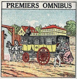 Djurdragkraft: första omnibus dök upp i Frankrike under Karl X (1824-1830). Anonym illustration från 1925. Privat samling. av Anonymous Anonymous