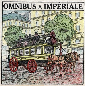 Djurdragning: omnibus a imperiale på 1800-talet. Anonym illustration från 1925. Privat samling. av Anonymous Anonymous