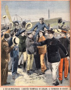 Ankomsttriumf av Alfred LeBlanc (1869-1921), fransk pilot, vinnare av luftkretsen vid Issy Les Moulineaux (Issy-Les-Moulineaux). Gravyr i "Den lille parisaren" 1910-08-14 av Anonymous Anonymous