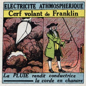 Atmosfärisk elektricitet: Benjamin Franklins flygande rådjur (1706-1790) sommaren 1752. Anonym illustration från 1925. Privat samling. av Anonymous Anonymous