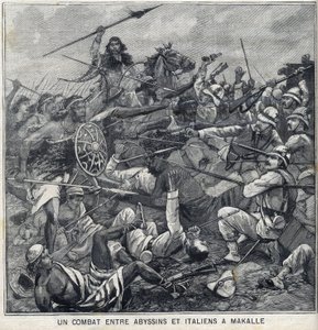 Strid mellan Abyssins of Menelik II och italienare i Makalle, Etiopien. Gravyr i "" Le Petite Parisien"" av Anonymous Anonymous