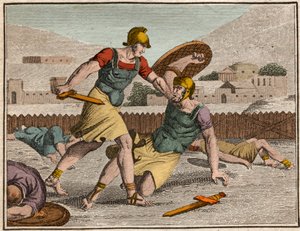 Slaget vid Horaces och Curiaces - Slaget mellan Horatii och Curiatii - Gravyr från "" The Rollin of Youth or Selected Pieces of Ancient and Roman Stories"" 1816 - Privat samling av Anonymous Anonymous