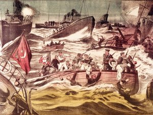 Slaget vid Kunfuda (Kunfida Kunfidah): sjöslag utkämpades den 7 och 8 januari 1912, under det italiensk-turkiska kriget (1911-1912), i Röda havet, framför hamnen i Kunfuda, Saudiarabien. av Anonymous Anonymous