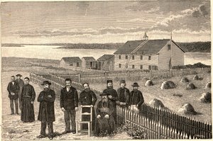 Biskop Isidore Clut (1832-1903), R.P. Le Corre och andra medlemmar av Providencemissionen i Athabaska Mackenzie (Athabaska-Mackenzie) i Kanada i slutet av 1800-talet. Gravyr i "Les Missions Catholiques au XIXeme Siecle"" av Louis-Eugene (Lou av Anonymous Anonymous