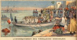 Ombordstigning senegalesiska ryttare med sin fru. Gravyr från tidningen "" Le Petite Parisien"", 1908-03-22. Privat samling. av Anonymous Anonymous