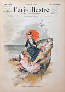 Vid havet, allegori av Habert Dys. Elegant kvinna med ett paraply som sitter på ett gigantiskt skal poserar på sanden på en strand. Gravyr från 1887 i "" Paris-Illustrous journal weekly"". av Anonymous Anonymous