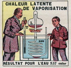 Kalorimetri: det latenta förångningsvärmet mätt med Marcellin Berthelots kalorimeter (1827-1907). Anonym illustration från 1925. Privat samling. av Anonymous Anonymous