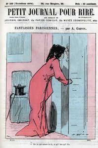 Tecknad film om parisiska par. En kvinna med sin älskare ber hembiträdet att skicka tillbaka sitt möte med en annan man: "Säg till henne att mamma är här och att jag måste gå." Gravyr i "" Petity Journal pour Rire"" av Anonymous Anonymous