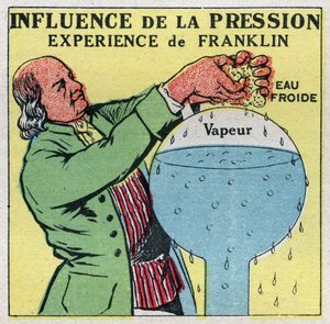 Förändringar i tillstånd: påverkan av tryck. Franklins kokpunkt, Benjamin Franklins erfarenhet (1706-1790) för att bevisa att vatten kan koka vid mindre än 100 grader. Anonym illustration från 1925. Privat samling. av Anonymous Anonymous