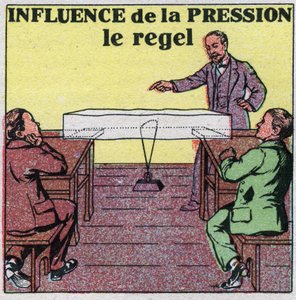 Förändringar i tillstånd: påverkan av tryck på fusion. Upplev regeln eller en tråd som sträcks av en vikt passerar genom en isbit utan att bryta den. Anonym illustration från 1925. Privat samling. av Anonymous Anonymous