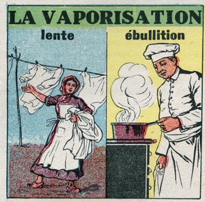 Förändringar i tillstånd: långsam förångning (vindverkan) eller kokning (värme under en panna). Anonym illustration från 1925. Privat samling. av Anonymous Anonymous