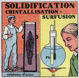 Förändringar i tillstånd: stelning och kristallisation. Bildning av stålkristaller och superfusion av fosfor. Anonym illustration från 1925. Privat samling. av Anonymous Anonymous
