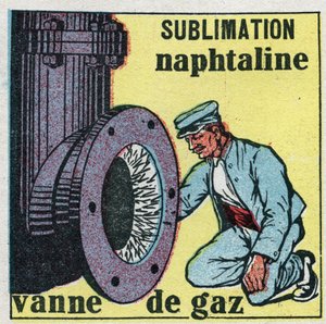 Förändringar i tillstånd: sublimering. Naftalindepå täpper igen en gasventil. Anonym illustration från 1925. Privat samling. av Anonymous Anonymous