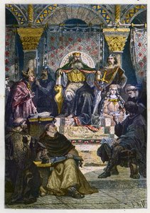 Karl den Store (742 - 814) på sin tron som presiderar över Slottsakademin - Karl den Store (747-814) Frankernas kung och den kristna kejsaren av väst som presiderar över Slottsskolan i Aachen (Aachen) - gravyr från "" L