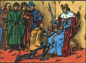 Karl V Den vise (1338-1380) överlämnar högtidligt konstapelns svärd till Bertrand du Guesclin (1320-1380). Anonym illustration i ""Samling av Frankrikes suveräner och statschefer"". 1900-talet. Privat samling. av Anonymous Anonymous