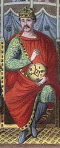 Karl den skallige, kung av västra Frankrike, Italien, och den helige romerske kejsaren, 823 - Porträtt av Karl II den skallige (823 - 877), kung av Frankrike, gravyr från "" Seder och seder för alla folk i universum. Det är regeringens, lagarnas, milisens  av Anonymous Anonymous