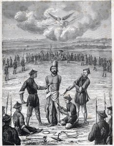 Kristen förföljelse: den franske missionärsprästen Joseph Marchand led "plågan av de hundra såren" i Cochinchina den 30 november 1835. Gravyr i "Les Missions Catholiques au XIXeme Siecle"" av Louis-Eugene (Louis Eugene) Louvet. privat co av Anonymous Anonymous