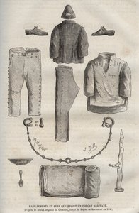 Kläder och strykjärn mottogs av en styrka som anlände till bagne de Rochefort på 1800-talet (från originalteckningen av Clemans, forcat du bagne 1840). Gravyr i "Fångarnas historia från deras skapelse till våra dagar" (1877) av Pierre Zaccone (18) av Anonymous Anonymous