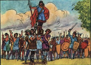 Clovis (frankernas kung från 481 till 511) valdes till kung av salianerna som bar honom på bålverket (skölden) medan de turnerade i lägret. Anonym illustration i "" Collection des souverains et chefs d