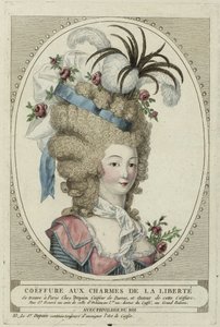 Coiffure Aux Charmes De La Liberte, Anonym. Kopparstick, akvarell, ca. 1790, Privat samling av Anonymous Anonymous