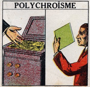 Färger: polykroism. Guldmynt är gula, men tunnskiktsguld är grön till färgen. Anonym illustration från 1925. Privat samling. av Anonymous Anonymous