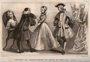 Kostymer i början av Ludvig XV:s rege (1720). Gravyr från 1859 i "" Le Monde. Alla folks historia från de mest avlägsna tiderna till våra dagar”. av M. E. de Lostalot-Bachoue (Lostalot Bachoue). Privat samling. av Anonymous Anonymous