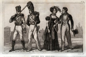 Kostymer under Ludvig XVIII. Gravyr från 1859 i "" Le Monde. Alla folks historia från de mest avlägsna tiderna till våra dagar”. av M. E. de Lostalot-Bachoue (Lostalot Bachoue). Privat samling. av Anonymous Anonymous
