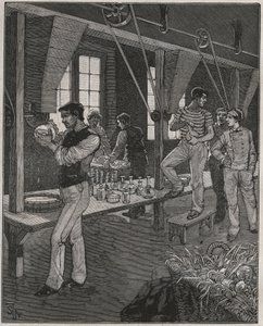 Kristallgravörsverkstad i Frankrike på 1800-talet. Gravyr från 1885 i "" Les arts et metiers illustres"" av Adolphe BITARD. av Anonymous Anonymous