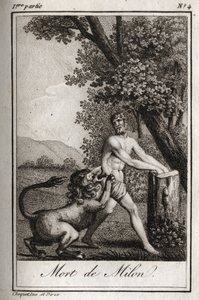 Död av Milon de Crotone (Milo av Croton) förtär av en varg. Gravyr från 1819 i "Lettres a Emilie sur la mythologie" av Charles Albert Demoustier (1760-1801). Privat samling. av Anonymous Anonymous