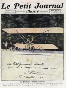 Dedikerat porträtt av den franske uppfinnaren och cyklisten Gabriel Poulain ombord på sin "aviette", en cykel utrustad med biplansvingar som gjorde att han kunde flyga några meter utan motor. Illustration hämtad från "" Le petit journal illustrious"" av 19 av Anonymous Anonymous