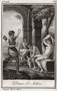 Diane och Acteon (Diana och Actaeon) Diane överraskade i badet av jägaren Acteon. Gravyr från 1819 i "Lettres a Emilie sur la mythologie" av Charles Albert Demoustier (1760-1801). Privat samling. av Anonymous Anonymous